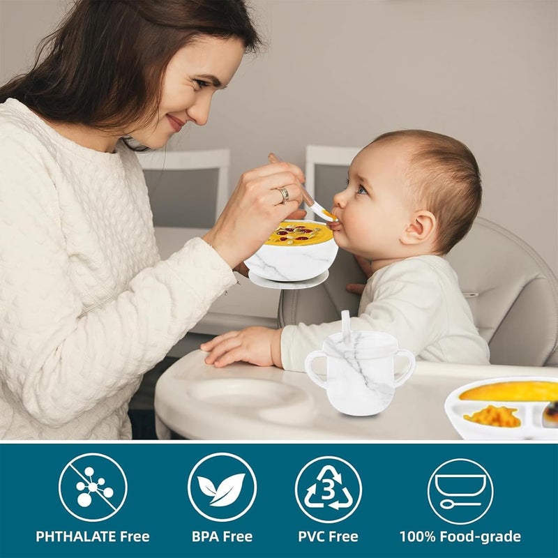 Dormlony 9pc BPA Free Silicone Baby Feeding Set - White: Suction Bowl, Divided Plate, Sippy Cup, Bib, Spoons, Forks - Baby Eating Utensils - Image 4